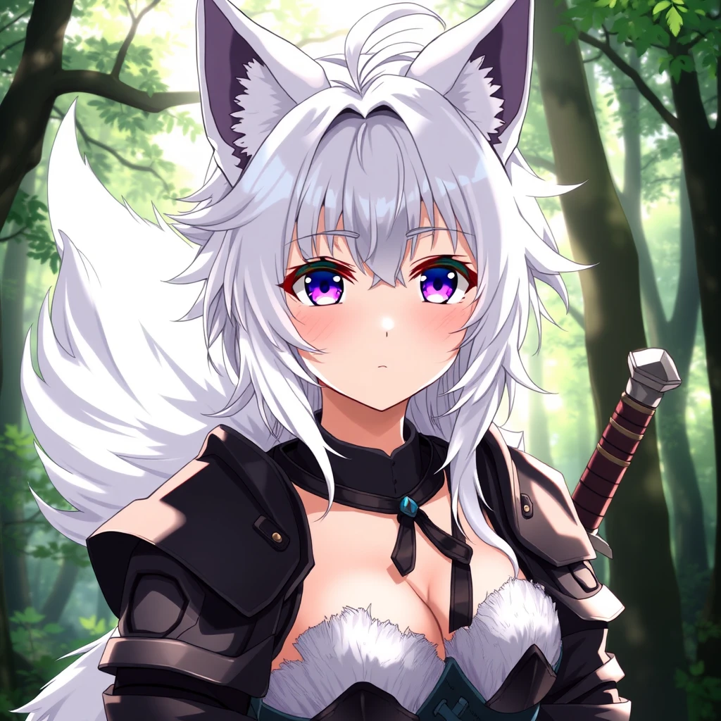 1 anime girl with fluffy wolf ears and a fluffy tail, white messy medium hair, purple eyes, beautiful, bangs, fair skin, medium breasts, leather armor, sword, forest, dappled sunlight, upper body, looking at viewer. - Image