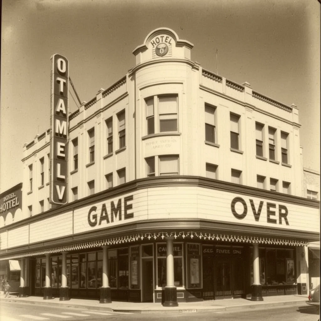 Photo of hotel building titled "Game Over." Probably taken in the 1920s.