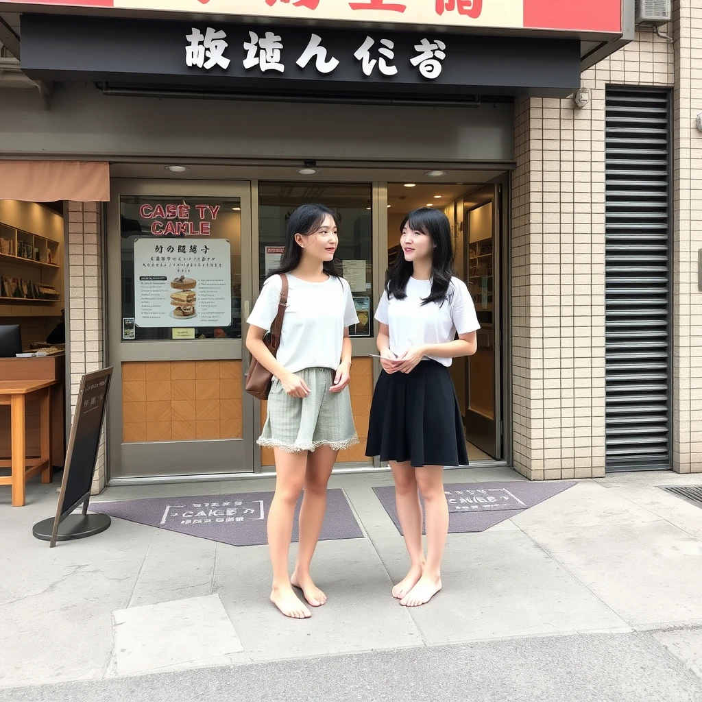 Two young women are chatting outside a cake shop. They are barefoot without shoes, and there is a sign outside the restaurant that clearly shows words in Chinese characters or Japanese.