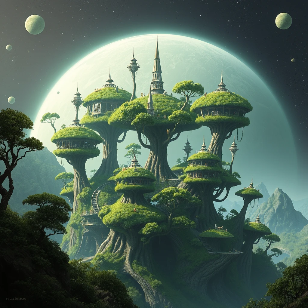 Planet of the Space Elves, a city of lush green biomorphic treehouses, fantasy, science fiction, scifi, far future, alien planet, lush vegetation, alien lifeforms, whimsical, fairy world.