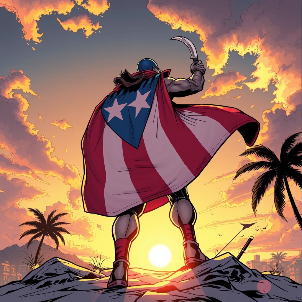 As the sun sets in Puerto Rico, a superhero emerges, their flag cape fluttering, machete emblem shining. With purpose, they patrol, ready to defend their homeland from any threat. Comic style, art by Todd McFarlane. - Image