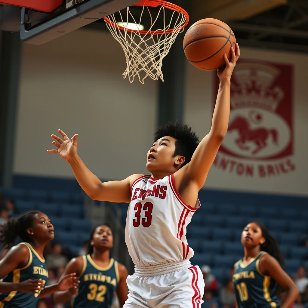 An Asian man performing a slam dunk against a team of tall Ethiopian women.