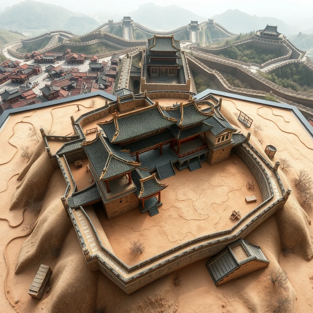 Ancient Chinese architecture, city wall, top view, sand table, map