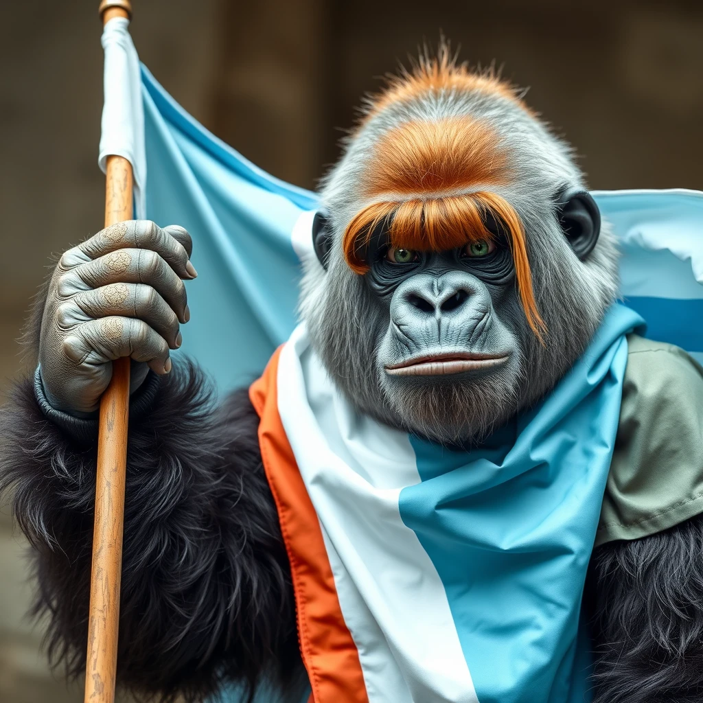 Wild king gorilla holding a 3-line flag colored light blue, white, light blue next to a cute ginger Russian teenage girl with green eyes and bangs.