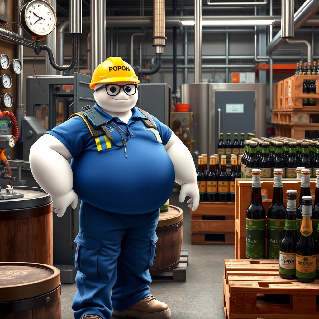 Baymax works in the quality control and inspection area of a beer bottling plant, surrounded by machinery, a barrel, gauges, measuring instruments, pallets, beer bottles, dressed in a blue polo uniform that covers his entire torso, safety gear, a reflective vest, safety shoes, a walkie-talkie, industrial safety goggles, blue cargo pants, and a yellow helmet that has the word POPON written on it. The clothing has POPON written on it.