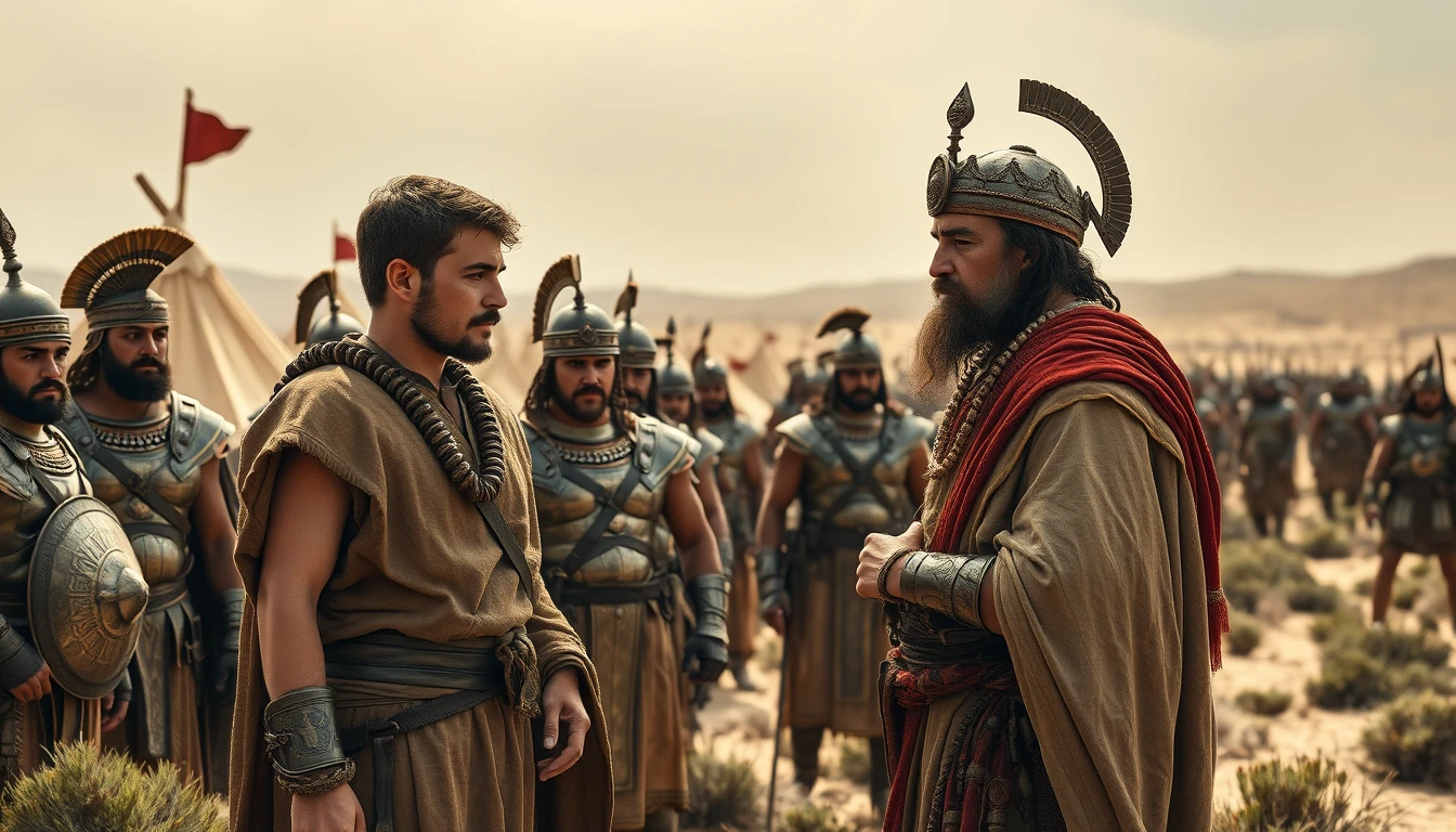 A young man is arguing with a middle-aged Mesopotamian king. The young man is dressed in ancient biblical shepherd's attire. Both men are surrounded by a diverse group of men in ancient Mesopotamian bronze-age soldier armor. In the background are Mesopotamian tents pitched on desert shrub land. In the distant horizon stands another army armed and ready to fight. Dramatic lighting. - Image