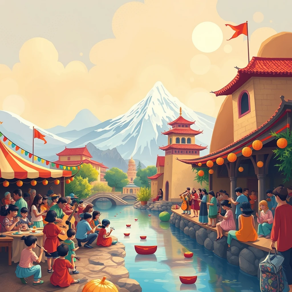   “Create a vibrant and playful illustration featuring a lively ancient marketplace with a whimsical, child-friendly style. 
  Use bold, bright colors and soft, rounded shapes to evoke a sense of wonder and excitement. 
  The atmosphere should be colorful and engaging, with abstract representations of stalls and buildings. 
  For another scene, illustrate a calm riverside with gentle, flowing lines and soft, soothing colors.
  Add a touch of fantasy with imaginative elements to make the environment inviting for children. 
  Consider a festive scene with bright, cheerful decorations and a fun, animated vibe. 
  Ensure the illustrations are highly detailed, with a high level of artistry, and are appealing and engaging for a young audience.”

300 people playing music together, a breathtaking outdoor scene with a majestic mountain background, a serene lake in the foreground, long exposure effect, 8k resolution, ((masterpiece))