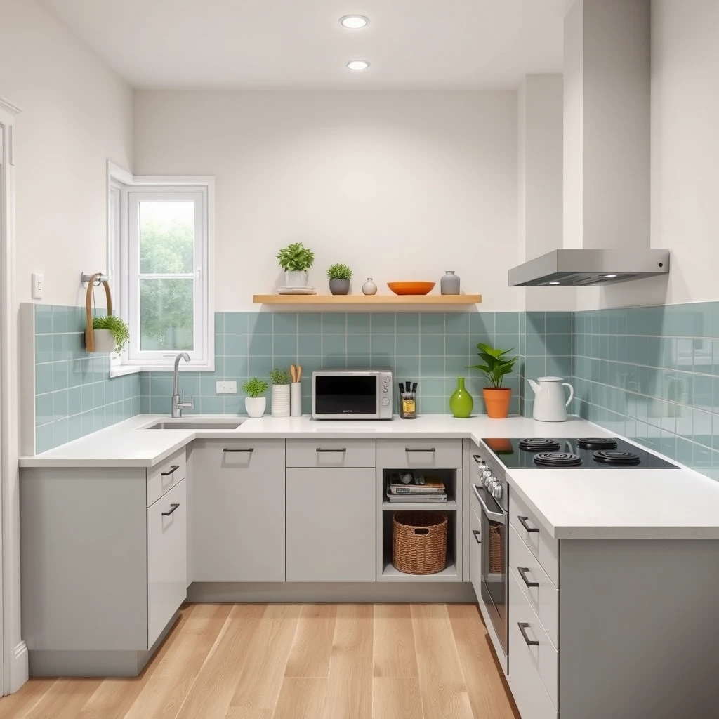 Minimalist and cheerful L-shaped kitchen platform with sink in one corner, window on one wall and cooktop next to another wall, with space saving storage ideas on fresh style and colour palette, spacious enough for 3 people working together. - Image