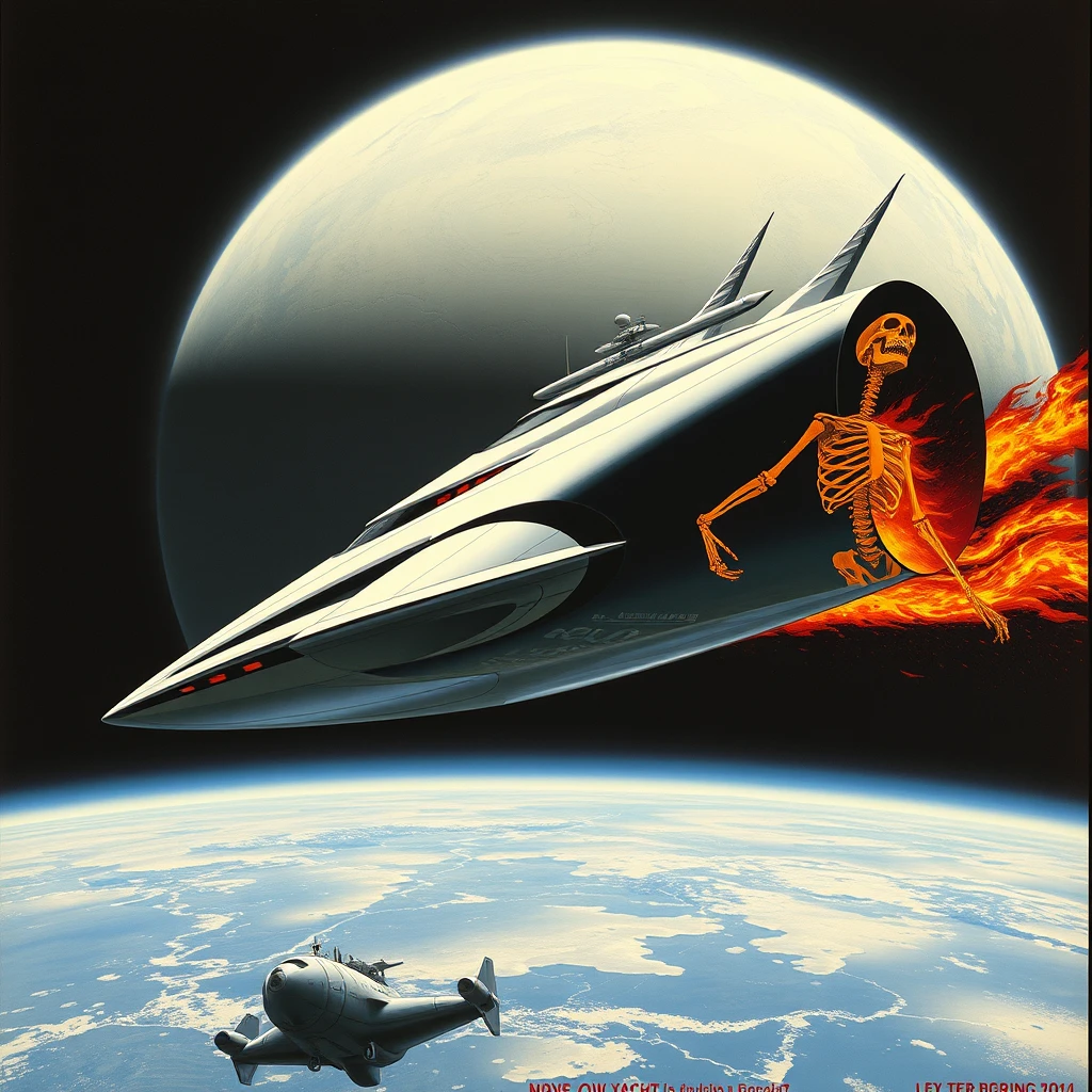 A space-yacht concept, in low Earth orbit, a painting by Syd Mead, sleek, futuristic, a full-length mural depicting a flaming skeleton decorates the side.