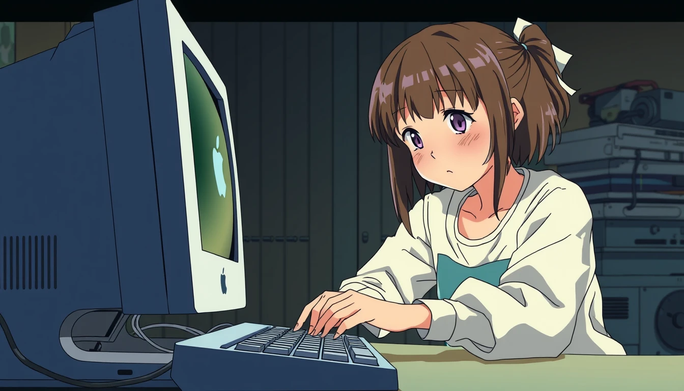 A young girl repairing an Apple computer in Japanese manga style. 16:9 - Image