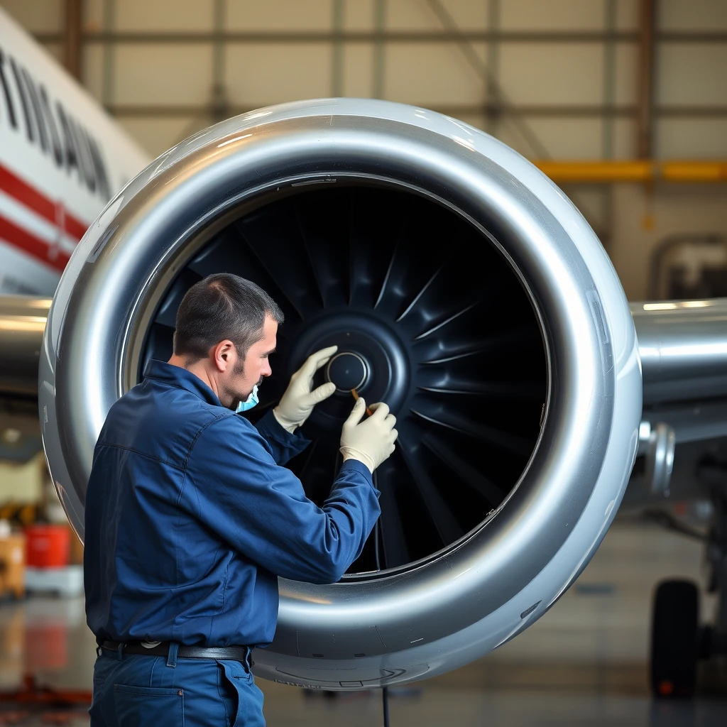 Technician repairing the airplane engine - Image