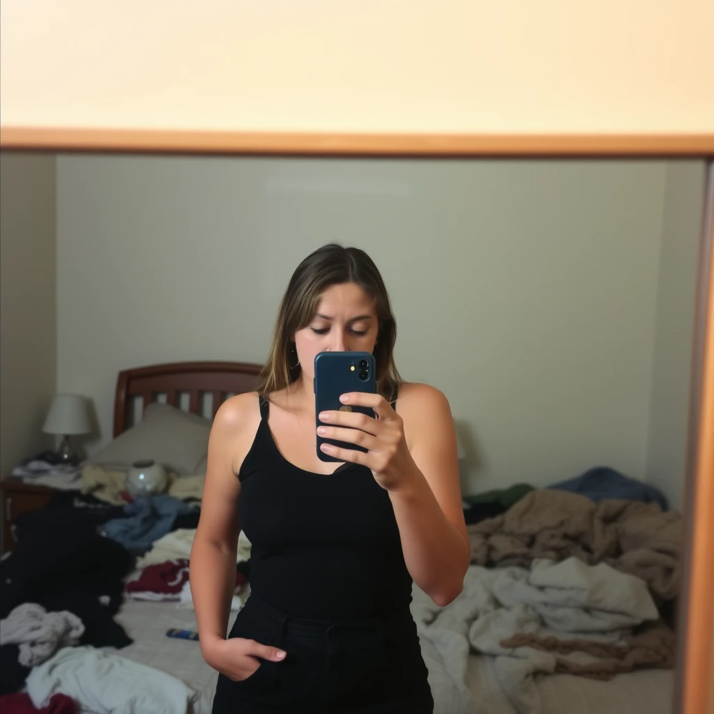 iPhone photo: A woman stands in front of a mirror, capturing a selfie. The room is cluttered, with clothes strewn across the bed and an unmade blanket. Her expression is casual, full of concentration, while the old iPhone struggles to focus, giving the photo an authentic, unpolished feel. The mirror shows smudges and fingerprints, adding to the raw, everyday atmosphere of the scene. - Image