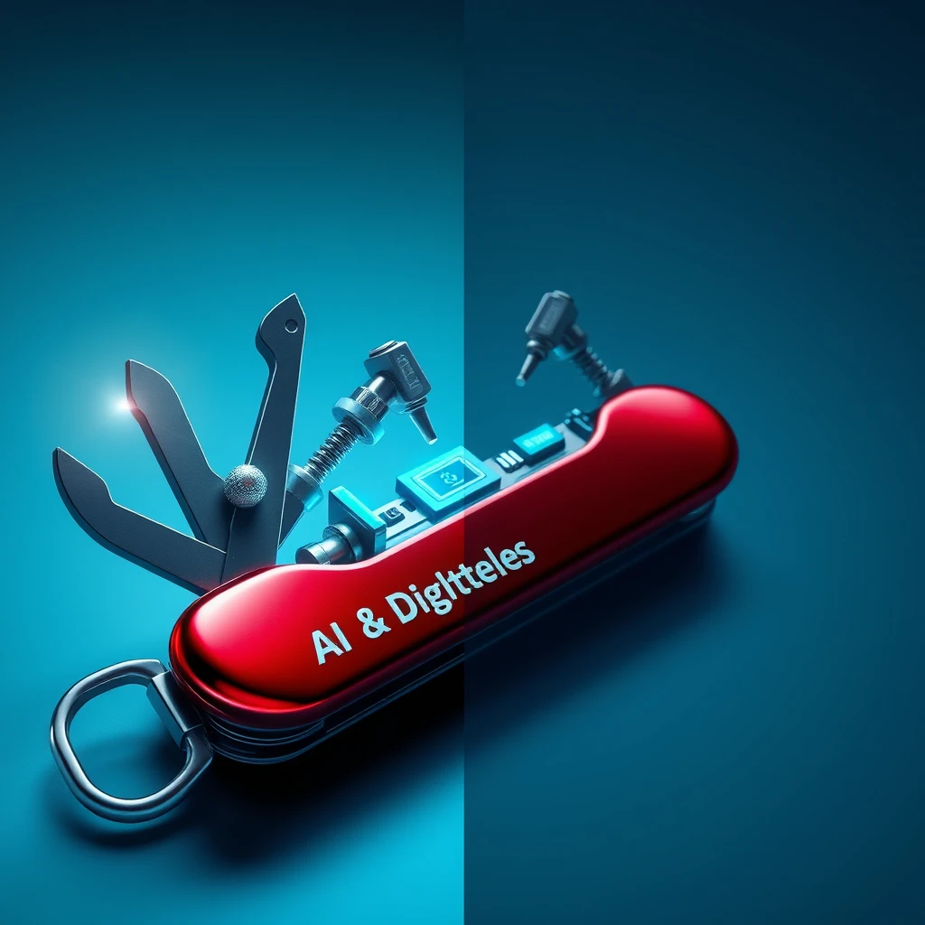 Create a high-quality, professional YouTube thumbnail with a split-screen design. The left half of the output features a photorealistic rendering of an innovative, futuristic Swiss Army knife. Include the screwdriver, mini-hammer, and scalpel, and prominently feature miniature holograms, tiny screens with medical data, microscopic robotic arms, and glowing circuit patterns. The knife should be angled to showcase multiple tools simultaneously, with a glossy metallic red surface reflecting studio lighting. The red surface should have the words "AI & Digital Tools." The background on this side should be a subtle gradient of cool blues and teals, suggesting a high-tech, medical environment. Add a soft drop shadow to the knife to create depth. Incorporate subtle lens flares or light streaks to enhance the high-tech feel and draw attention to key areas of the image. The knife should only take up the left half of the screen. The right half of the output should be a clean, uncluttered space with a subtle vignette effect. This area is reserved for text overlay, so it should be designed to make added text stand out. Use a neutral background color that complements the left side, perhaps a light gray or off-white. The composition should be balanced but dynamic, guiding the viewer's eye from the intriguing knife design to the space where the video title will be placed. Ensure the image has high contrast and vibrant colors to be eye-catching when viewed as a small thumbnail. The style should be sleek, modern, and slightly futuristic, appealing to a professional audience interested in cutting-edge medical education technology. - Image