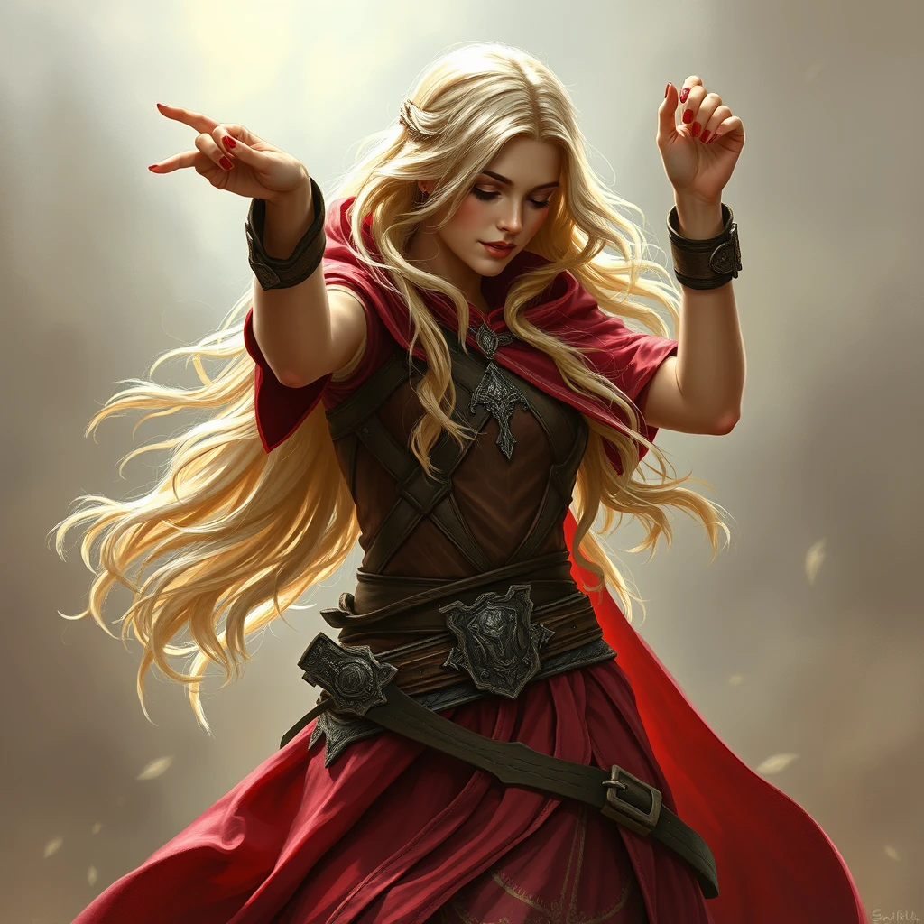 Photorealistic: Blonde fantasy heroine dancing in a red cloak.