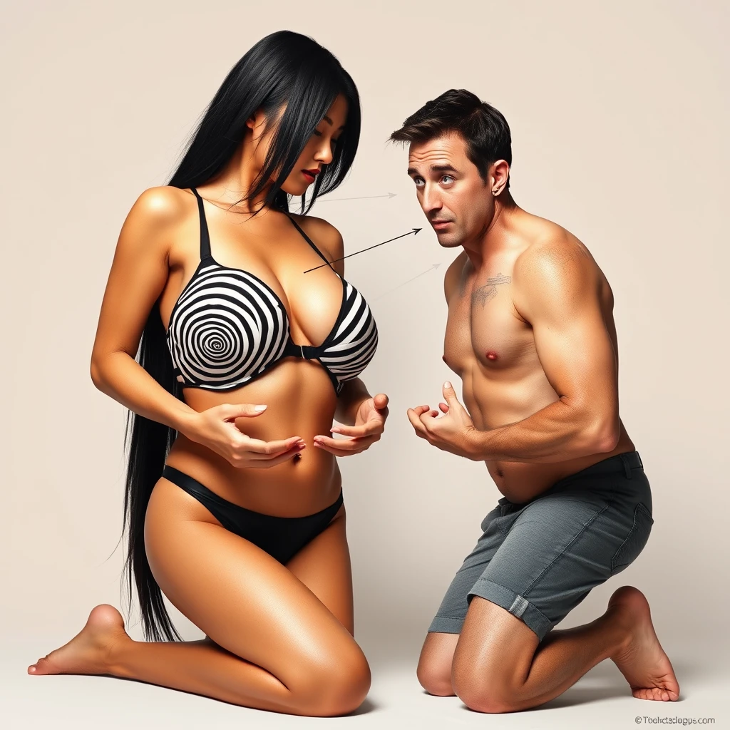 A striking advertisement poster for the HypnoBra featuring a direct face-to-face interaction between a Japanese model and a Caucasian man. The poster shows the Japanese model with long black hair, wearing the HypnoBra bikini, which has hypnotic black and white spirals on each large, prominently-sized breast. She is posed with her hands cupping her large assets to emphasize the spiral design. Directly in front of her, a Caucasian man is kneeling and facing her, completely hypnotized by the design. His eyes are wide and clearly fixed on the bra, with visual cues such as Morse-like lines or arrows pointing from his eyes to the bra to emphasize his intense focus. He is drooling slightly, showing his deep fascination. The background is a simple, neutral color to keep the focus on their interaction, with no text on the poster.