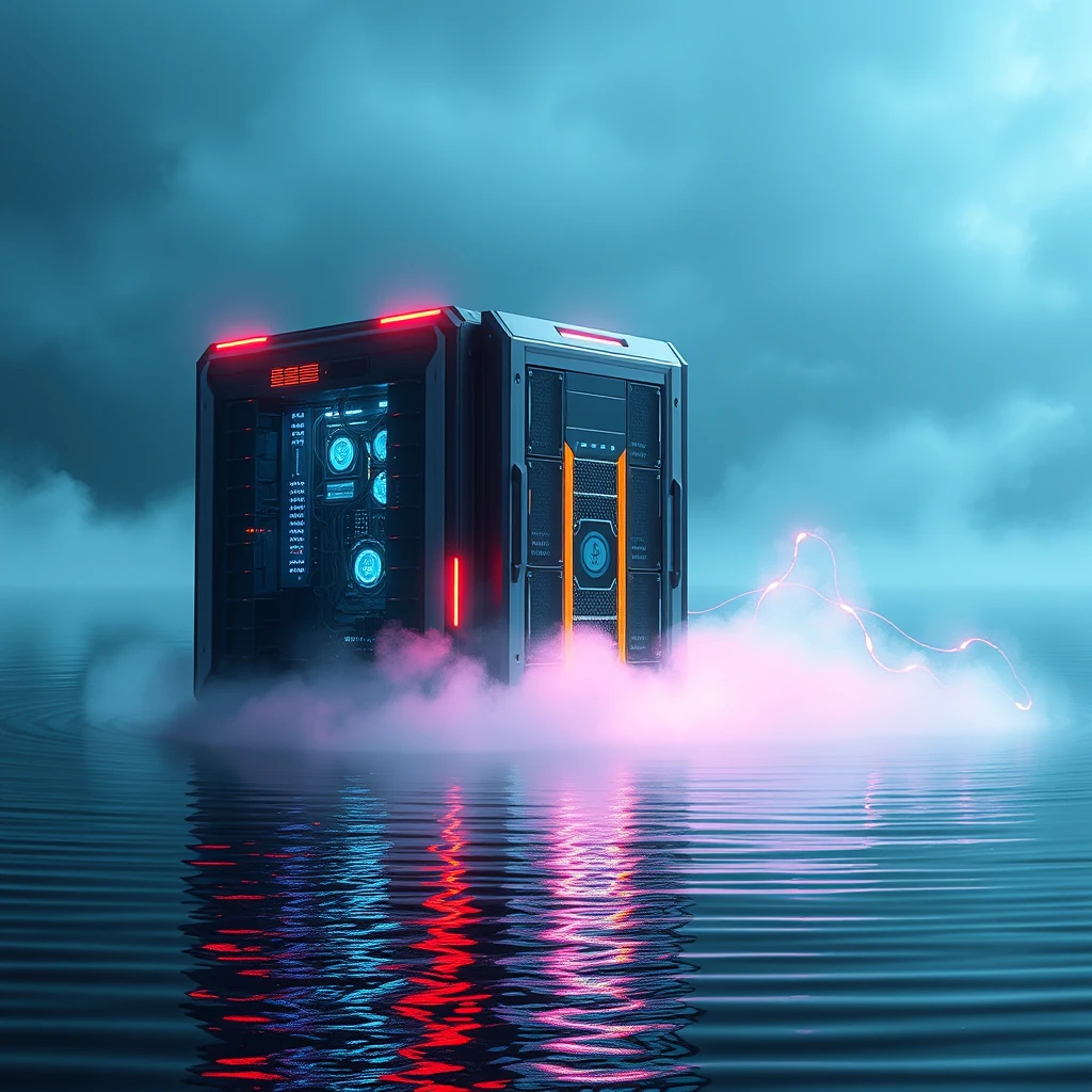 ((best quality)),((masterpiece)),(detailed), futuristic server emerging from a lake, technological ambiance, neon lights reflecting on water, high-tech machinery, mist rising from water surface, cybernetic atmosphere, sleek server design, glowing circuits, serene lake surroundings, advanced technology integration, calm water with ripples, dramatic lighting, digital network representation, cyberpunk aesthetics, 8k resolution, high-resolution, absurdres, masterpiece.