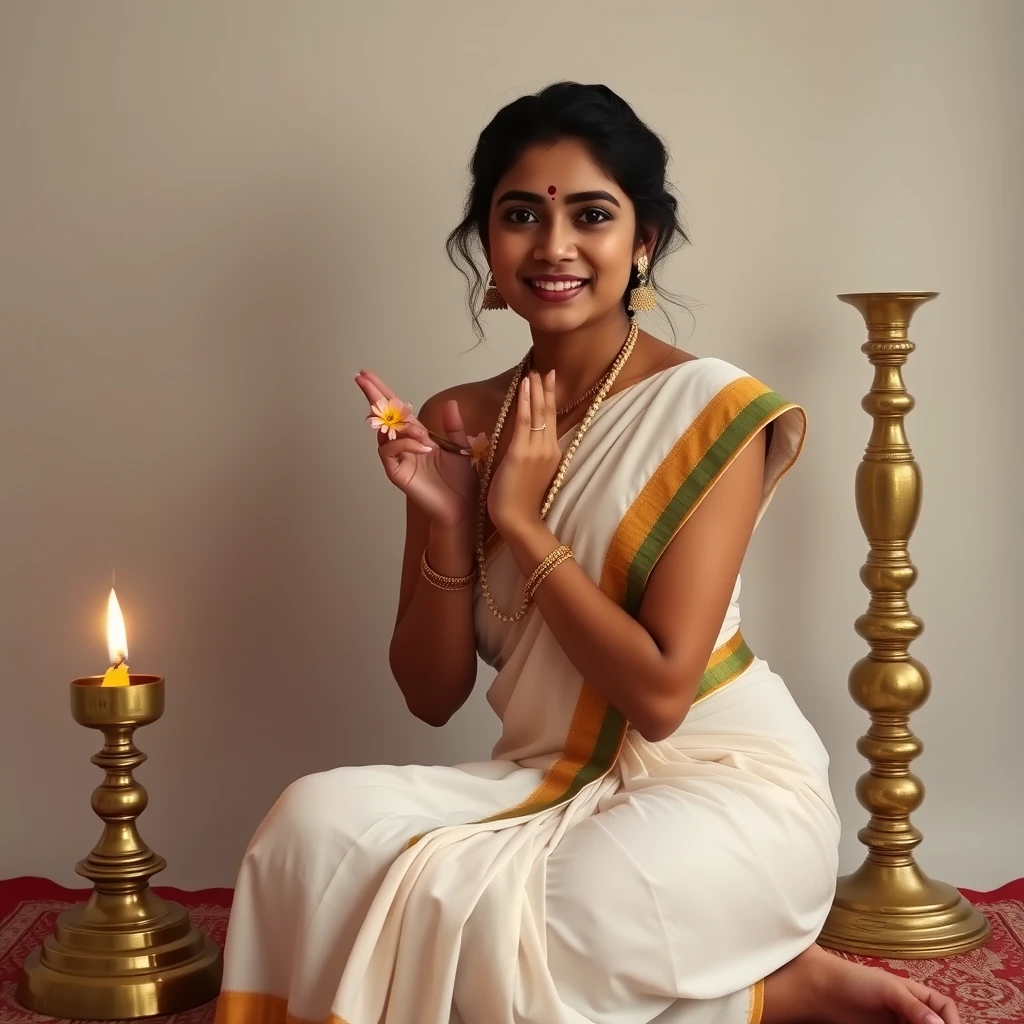 A voluptuous 24-year-old lady, in minimalist traditional Kerala attire, wishing Onam with delicate flowers and sitting next to a tall brass lamp.