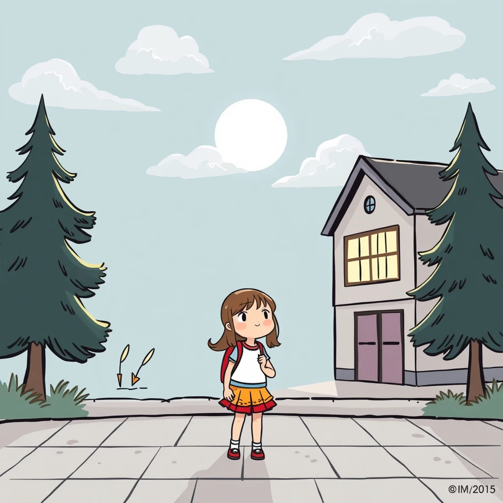 Create a comic with three pictures. It should tell the story of a girl who leaves primary school at the age of 10, then has summer vacation, and afterward starts at her new secondary school.