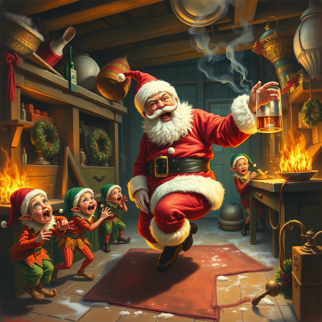 Santa is drunk again and rampaging through the workshop, elves are running in terror, a painting by Arthur Sarnoff. - Image