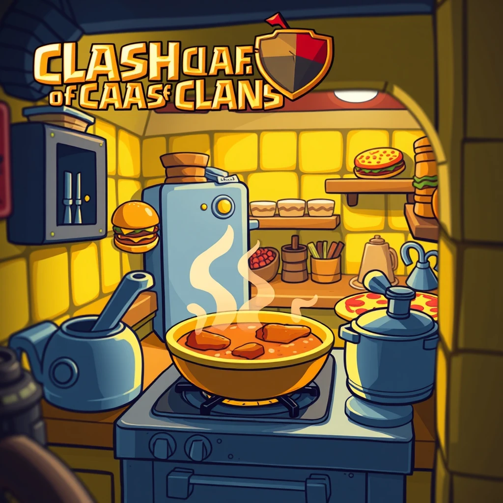 Game poster, cartoon style scenes from the game 'Clash of Clans', micro perspective, mainly featuring a warm yellow kitchen with delicious burgers, pizzas, and cooking fish soup on the stove. It features a cartoonish design, distinct hand drawn feel, soft lighting, deep focus, and high resolution, characterized by a contrasting royale pattern style. Bright colors, playful lighting, cartoonish textures, and exaggerated proportions. A fun and exciting scene. - Image