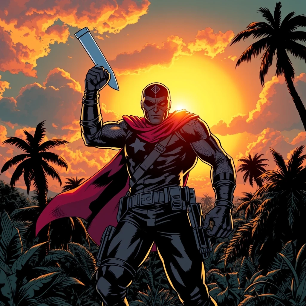 As the sun sets in Puerto Rico, a superhero emerges, machete emblem shining. With purpose, they patrol, ready to defend their homeland from any threat. Comic style, art by Todd McFarlane.