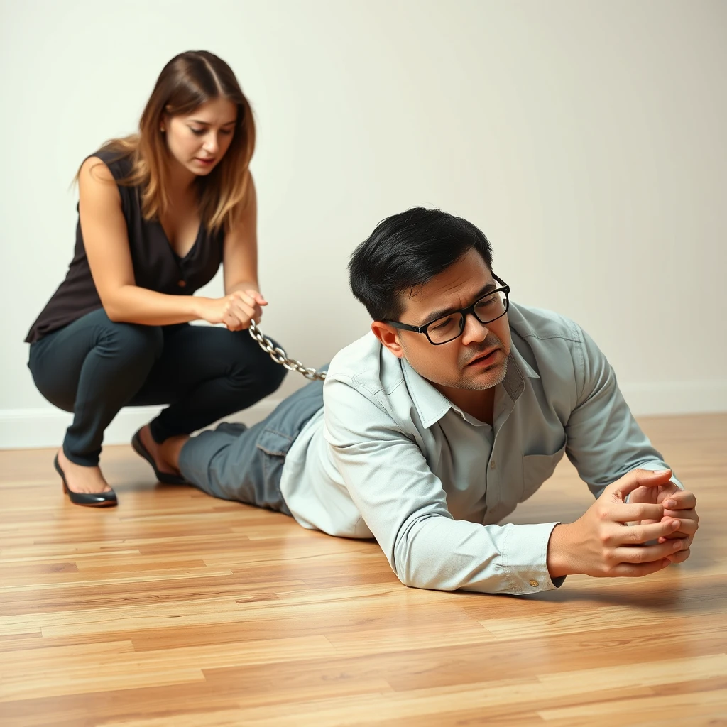 Can you generate an image of a woman holding a chain connected to a collar that a man is wearing while crawling on the floor? The man is wearing glasses and is in pain. He is young and a little plus-sized, and both subjects are of Caucasian descent. Show both people head to toe.