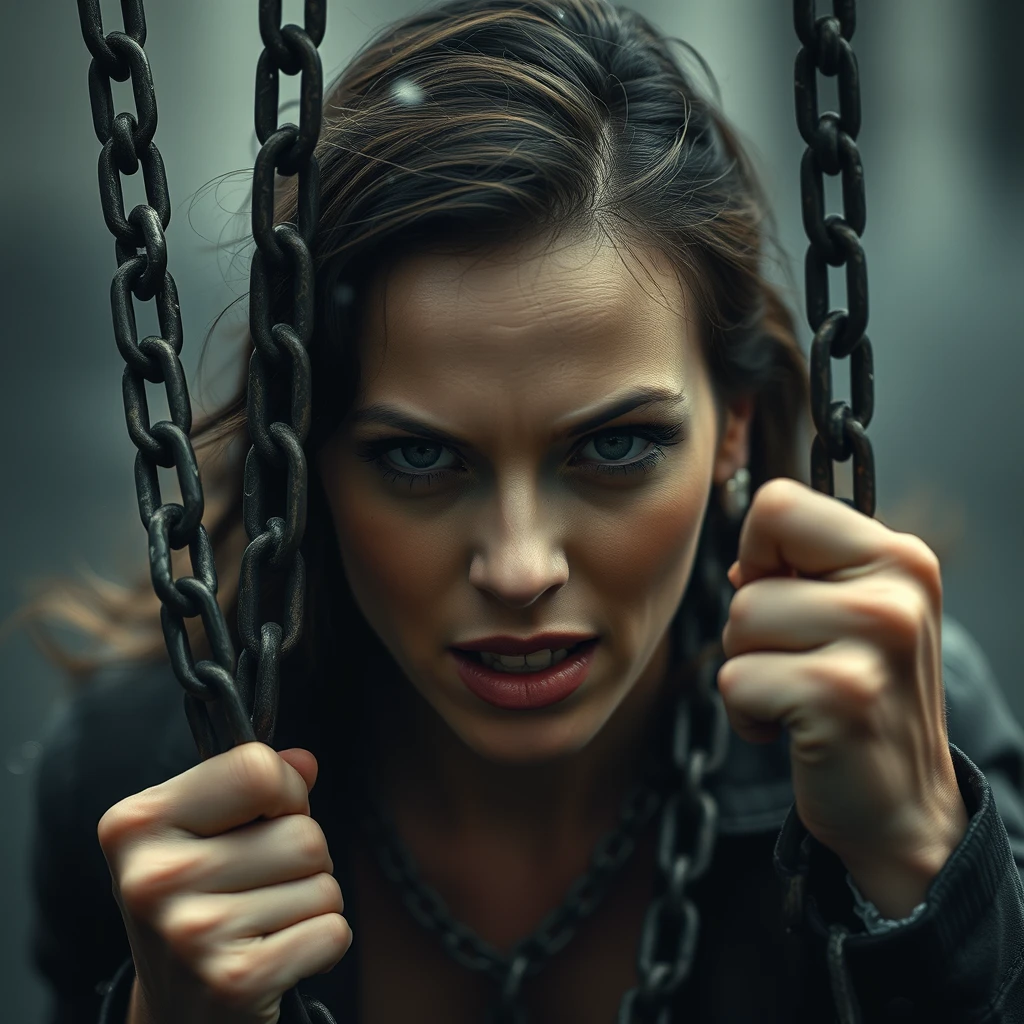 Portrait of a woman, breaking through chains or barriers, cinematic.