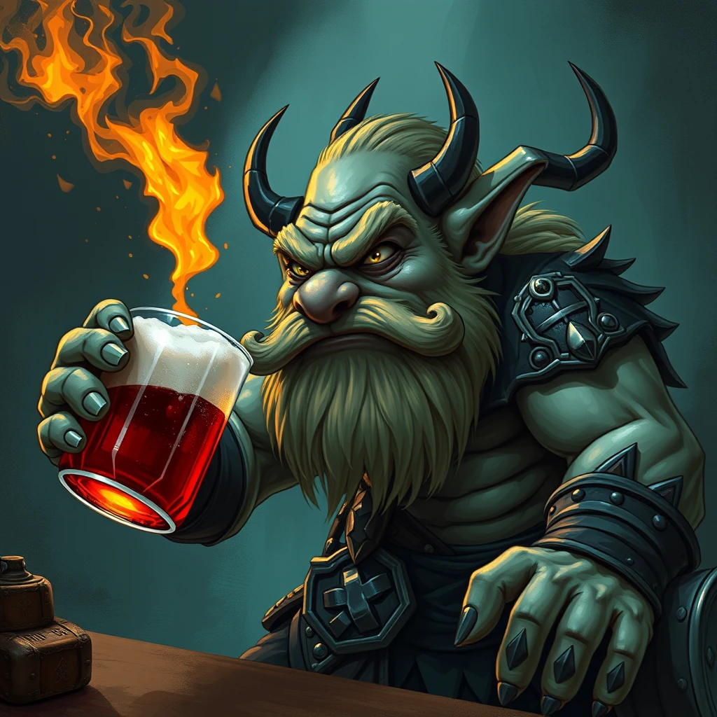 A fantasy muscular dwarf drinking ale with rabies.