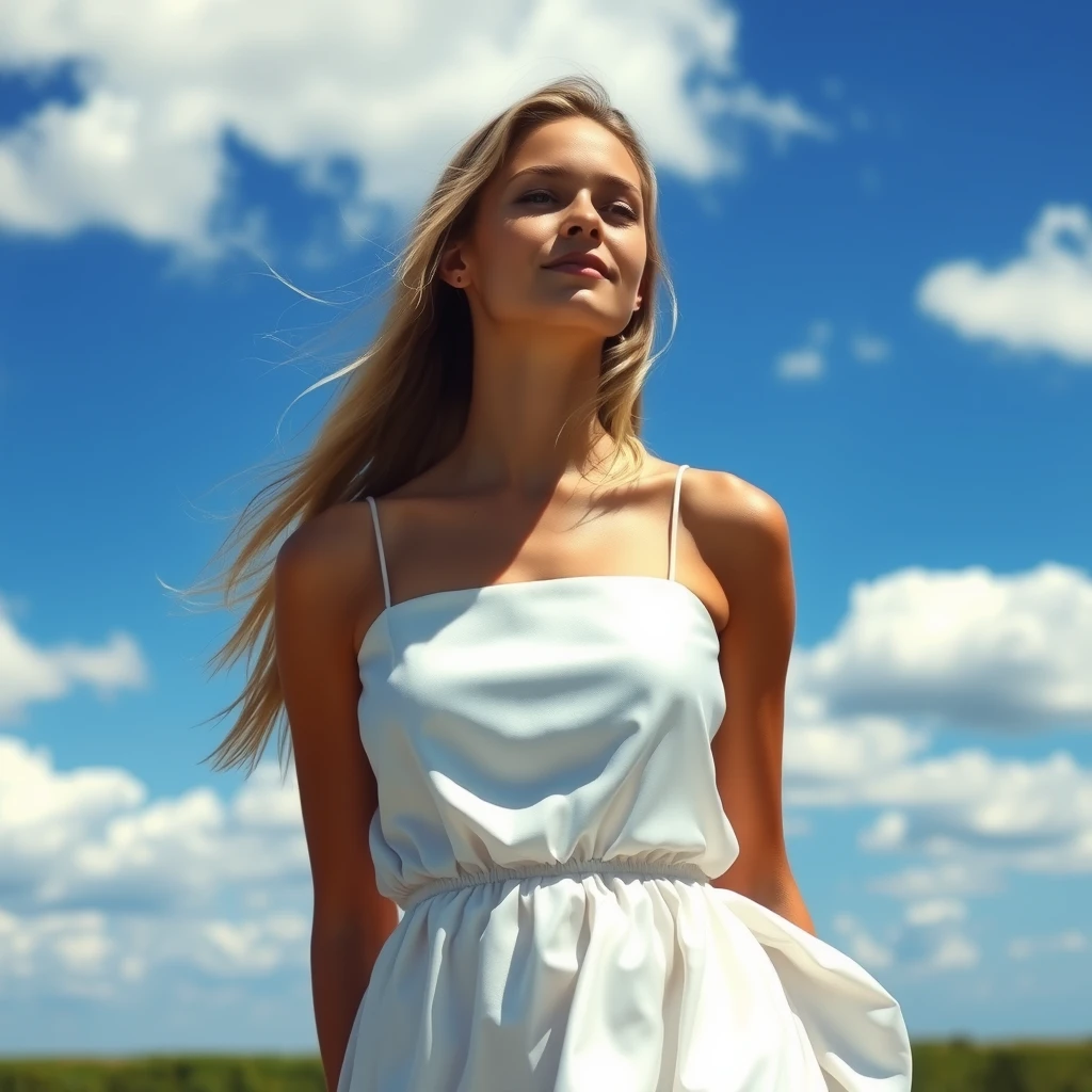 A serene, blissful scene of a young woman in a silky white dress. The scene feels real and unpolished, informal. The subject has natural beauty, authentic imperfections; counter to the plastic surgery so often seen. A few strands of light blonde frame the sides of her eyes. The fluffy clouds decorate the clear blue sky. The breeze teases the hem of her skirt.