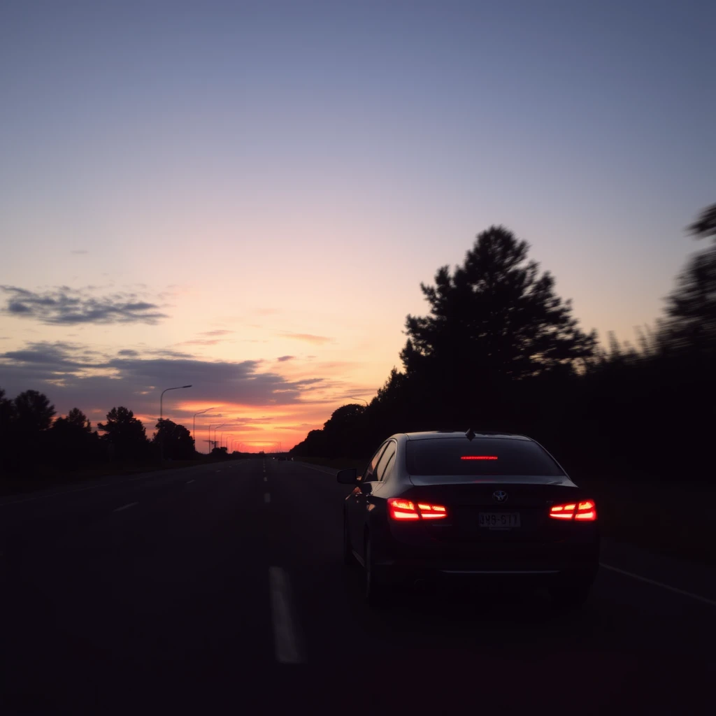 A car drives towards the silhouette of dusk. - Image