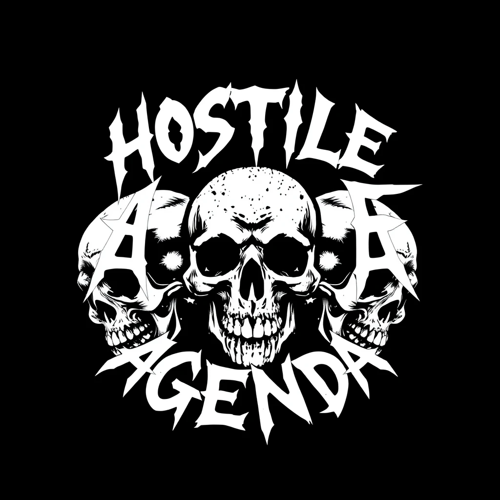 A logo for a hardcore punk band from the 1980s. The band name is HOSTILE AGENDA. It should be very detailed, but simple. White text on a black background. Skulls should be included. It should look dirty and vintage. - Image