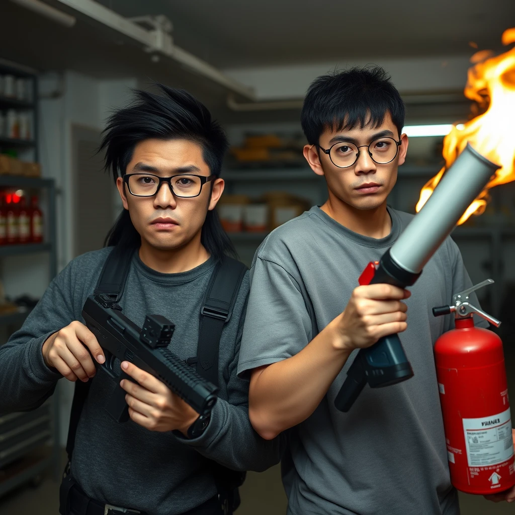 21 year old northern Chinese man with long black hair mullet, square glasses, holding tactical pistol; 21 year old white Italian man with round prescription glasses and short hair holding very large fire extinguisher flamethrower; garage setting; both angry; murderous intent.