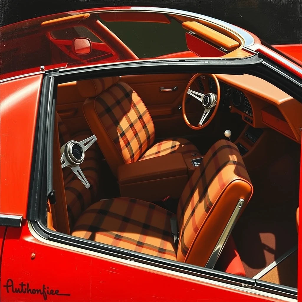 a Pontiac Fiero with a plaid cloth interior, as painted by Arthur Sarnoff. - Image