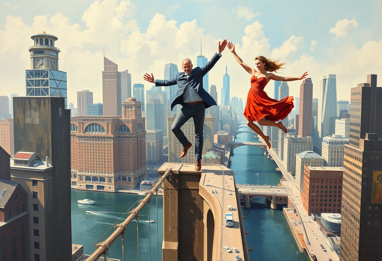 Man and woman jumping off a tall city bridge, highly detailed, oil on canvas.