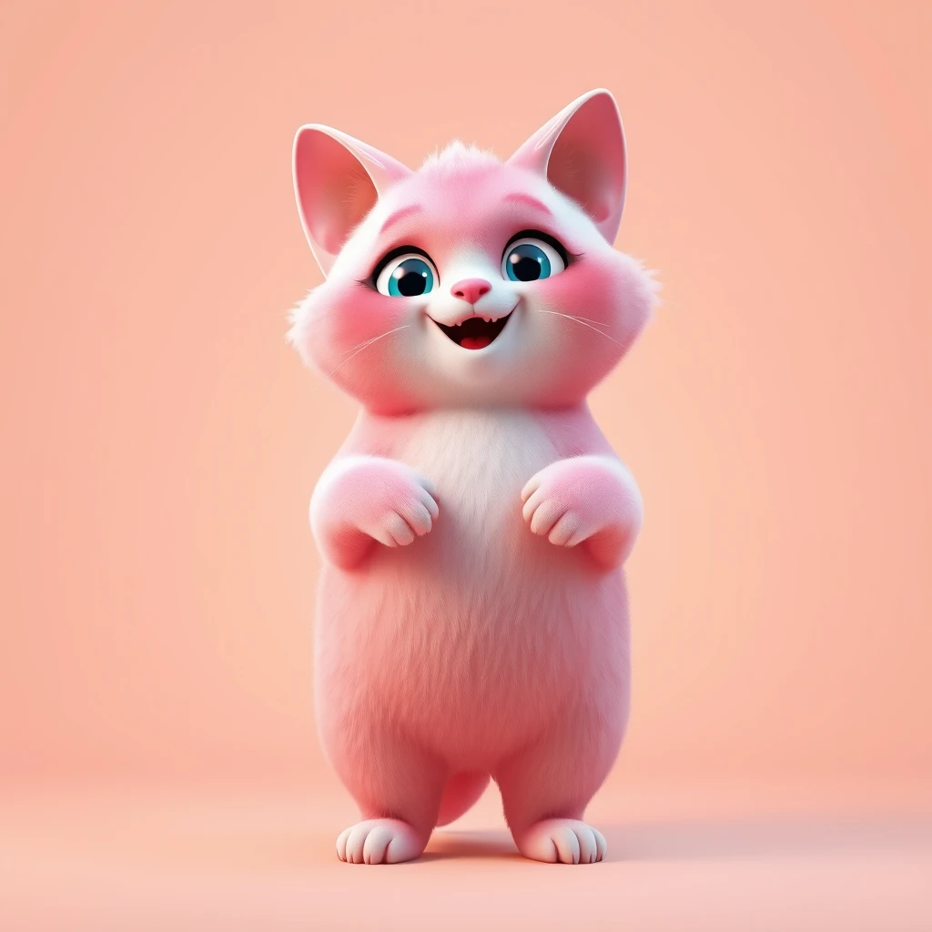 A highly detailed, photorealistic 3D render of an adorable, chubby pink cat standing upright on its hind legs, showcasing an excited expression with bright, shining eyes, a tiny nose, and a wide, cheerful smile, bathed in a soft, flattering ring light that accentuates its rounded features, set against a vibrant, pastel-colored background with a subtle gradient effect, blending soft peaches, blush pinks, and creamy whites, with an exaggerated, stylized aesthetic reminiscent of Pixar animation, achieved through advanced rendering engines such as Unreal Engine, Octane Engine, or V-Ray, boasting an overall playful, whimsical atmosphere.