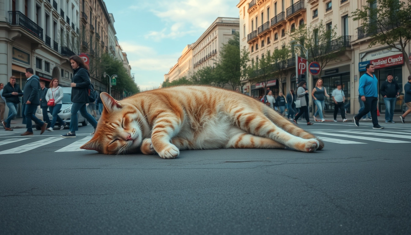 The giant cat sleeping on the cross of the street, people on the streets are acting normally.