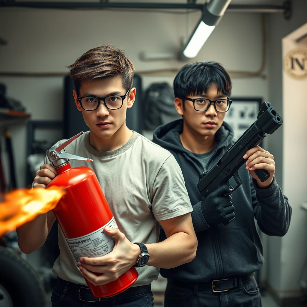 A 21-year-old very pale Italian man with round glasses and short brown hair is holding a very large fire extinguisher flamethrower. Next to him is a 21-year-old white northern Chinese man with a thin long face wearing square glasses and mid to long black hair in a fringe, holding a Glock. Both appear angry and have murderous intent, set in a garage environment.