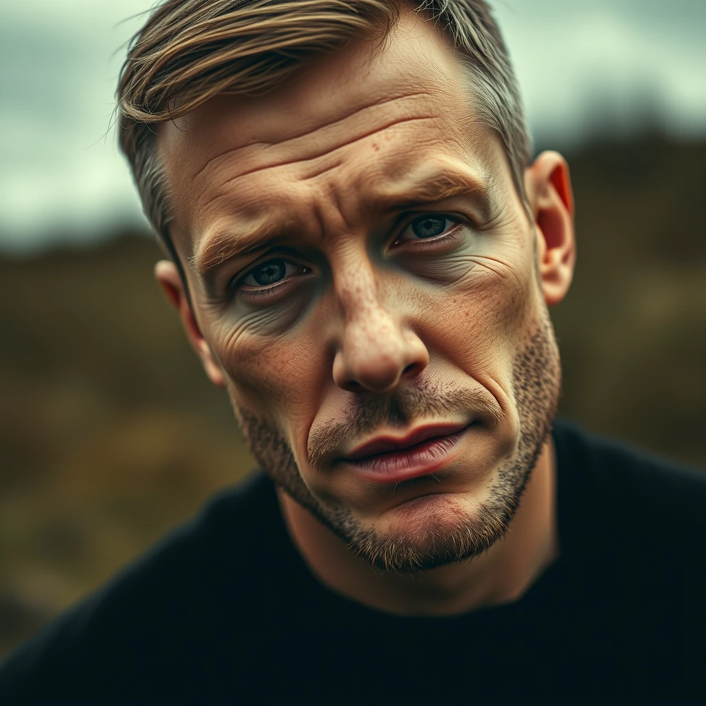 Masterpiece, best quality, ultra realistic, 32k, RAW photo, detailed skin, 8k, high quality, film grain:1.5) portrait photo, man, wearing black sweater, looking at the viewer, dramatic lighting, nature, gloomy, cloudy weather, bokeh.