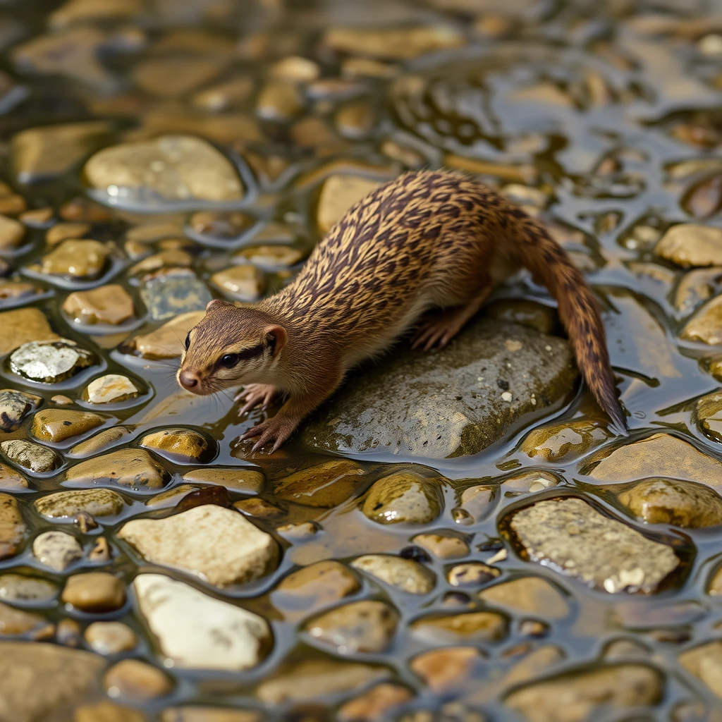 'A dry weasel on a pebble in the stream.'