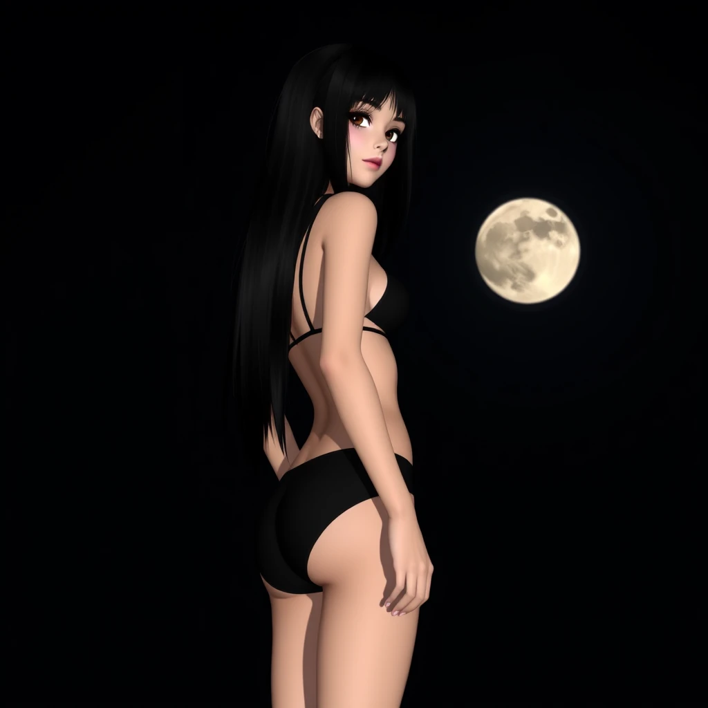 Slim, tall girl with long, black hair and wearing a simple black bikini. In the background, a black sky with a big, bright moon. - Image