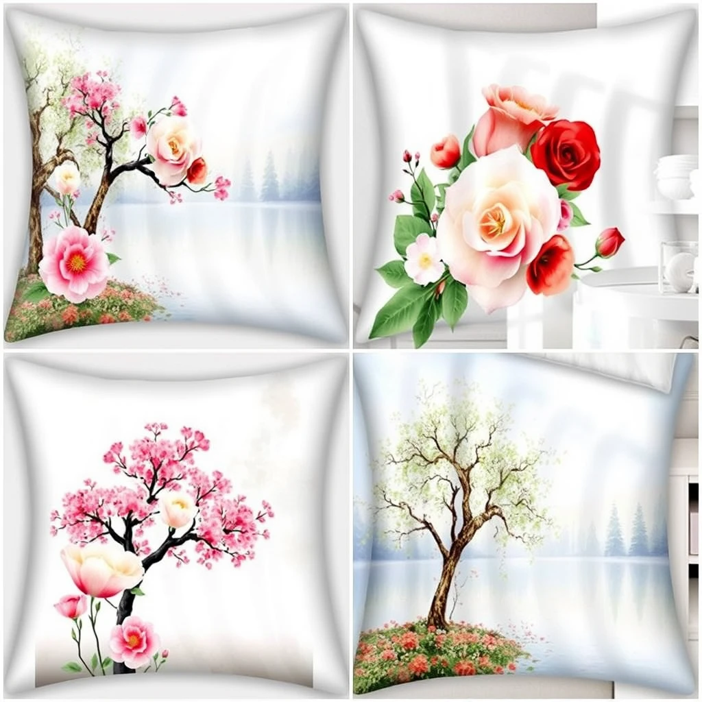 Four-piece home textile set, Monet style, floral and tree patterns. - Image