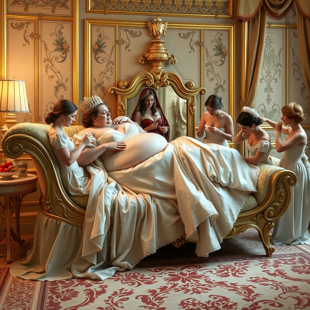 The plump queen reclined on a luxurious and exquisite chaise lounge, with some palace maids massaging her back, others feeding her fruit, some doing her nails, and others massaging her feet. - Image