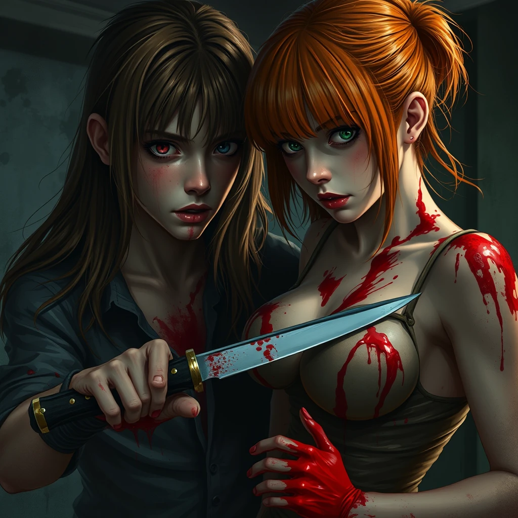 A horror scene; a short skinny teenage girl with long ginger hair and bangs, green eyes, and big breasts is cutting a tall young white brunette guy with dark eyes with a knife. Both of them are covered in blood.