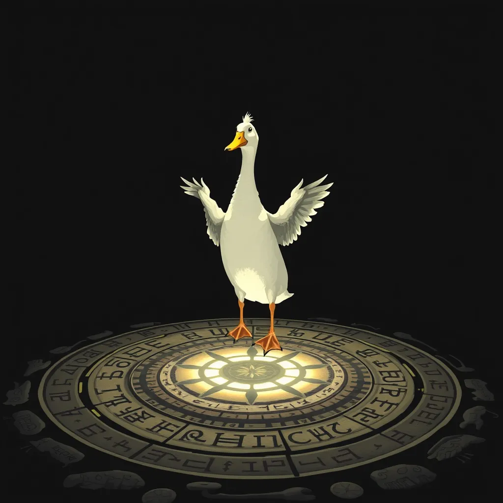 Duck performing a ritual standing within a magic circle with ancient runes, dark background. - Image