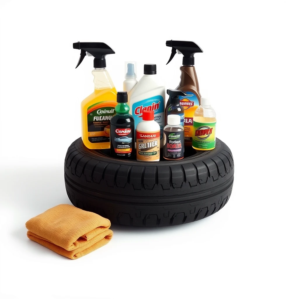 Product photography of various cleaning products placed on a car tyre, isolated on plain white background, Hasselblad, Kodak, portra 800, photo taken from a slight angle.