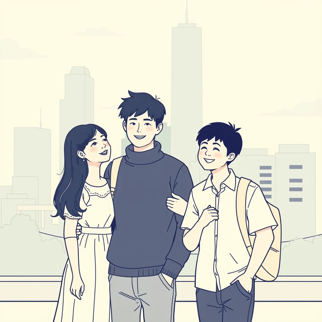 Daily life of a young Asian couple, handsome tall boy, line art. - Image