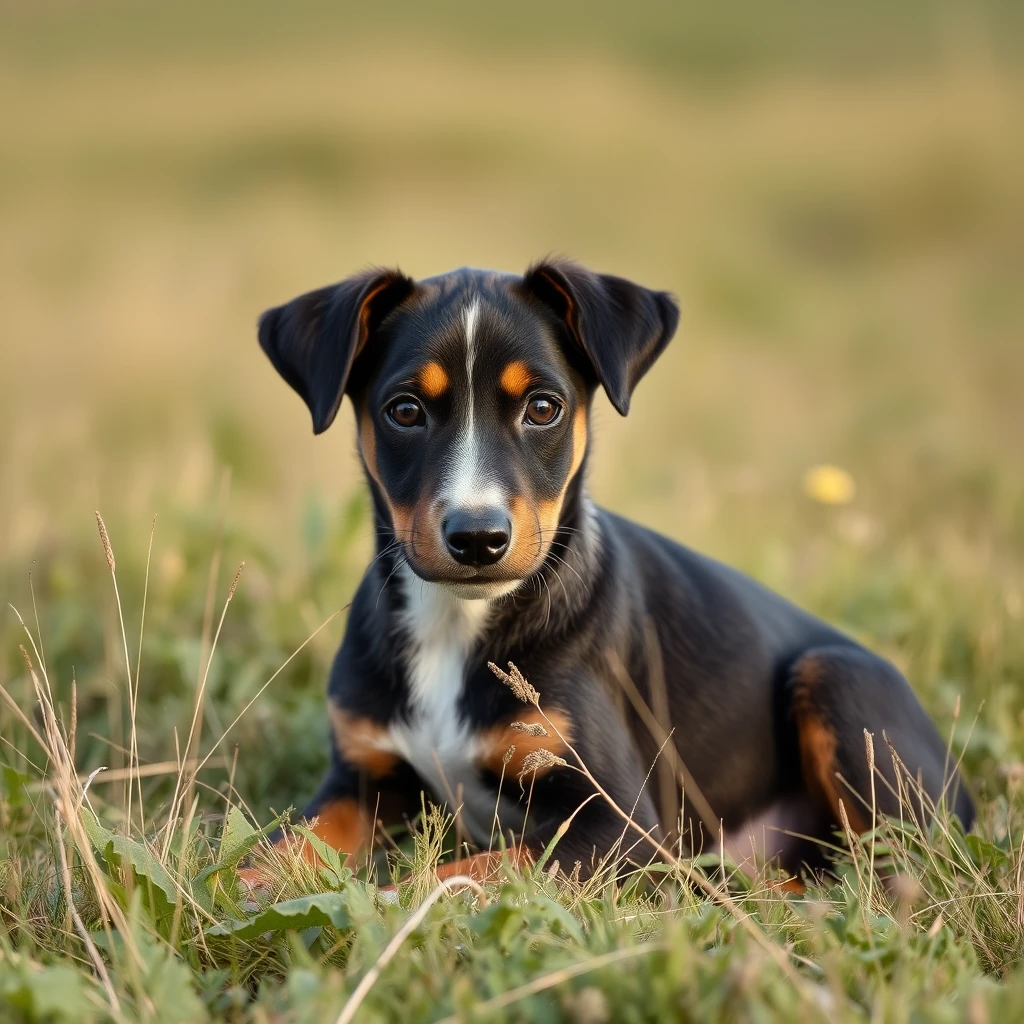 portrait of a Lurcher puppy in a field