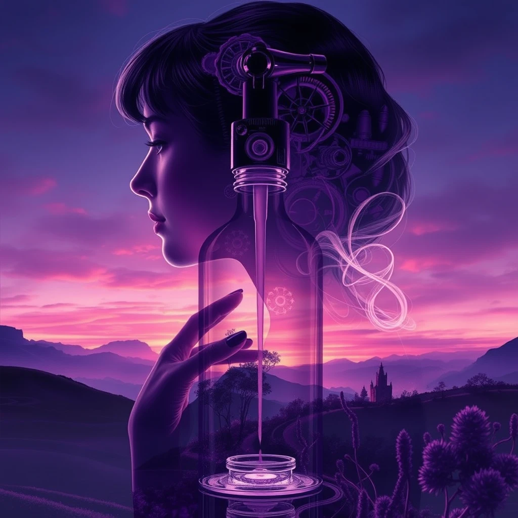 Double exposure, the art of Alphonse Mucha, cosmetic glass bottle, violet, character design, rendering, biomechanics, science fiction, beautiful scenery, dramatic colors.