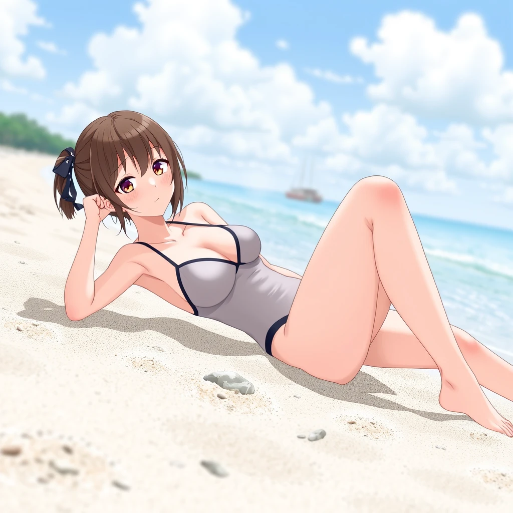 Beach, swimsuit, Japanese girl, lying down.