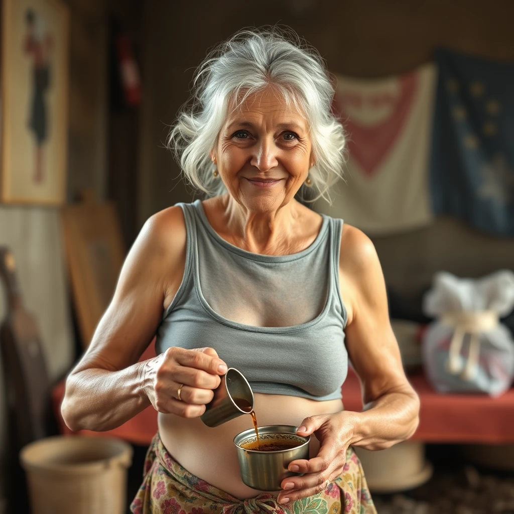 Old Mom in crop top lots of skin showing making coffee. - Image